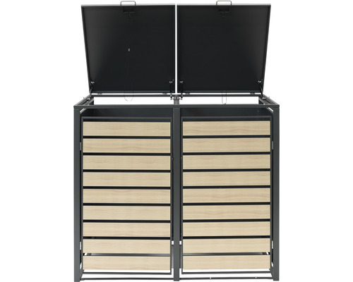 Afvalbakomhuizing met twee vakken en openklapbare deksels.