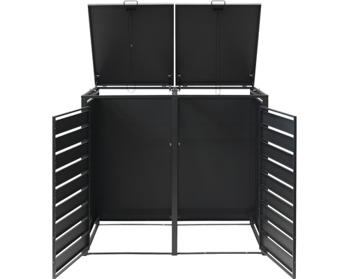 Afvalcontainerberging voor twee afvalcontainers met lamellendeuren en klapdeksel