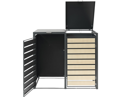 Afvalbak voor twee afvalbakken met houten bekleding en een open deur