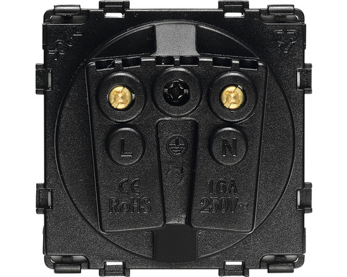 Achterkant van een stopcontact met aansluitingen voor nul, fase en aarde