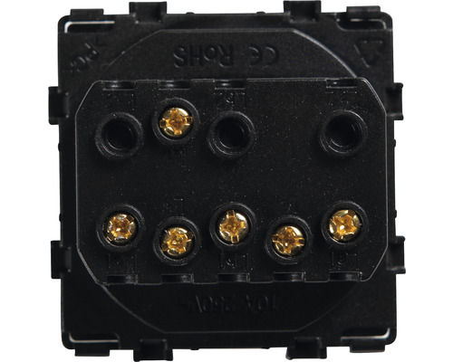 Achterkant van een zwarte schakelaar met schroefklemmen