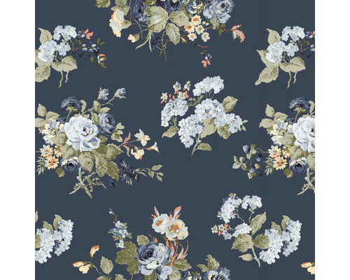 LAURA ASHLEY Vliesbehang 114898 Rosemore mid night seaspray Bloemenbehang met rozen- en hortensiamotief