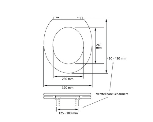 Technische tekening van een toiletbril met afmetingen