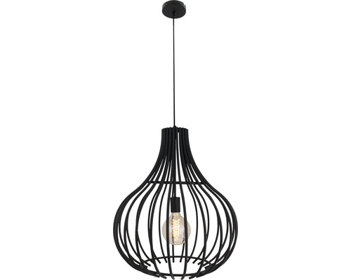 Zwarte hanglamp met open kooiconstructie en zichtbare gloeilamp