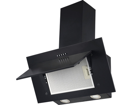 Zwarte afzuigkap met geopende klep en metalen vetfilter