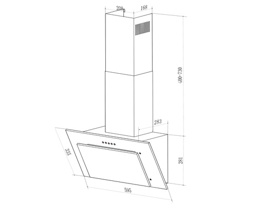 Technische tekening van een afzuigkap met maatvoering