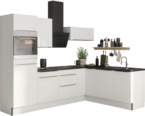 OPTIFIT Hoekkeuken met apparatuur Arvid986 wit mat 270x200 cm Lichte keuken met witte kasten, zwart werkblad en afzuigkap.