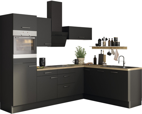 OPTIFIT Hoekkeuken met apparatuur Ingvar420 antraciet mat 270x200 cm Moderne keuken met zwarte kasten, houten werkbladen, ingebouwde oven en afzuigkap