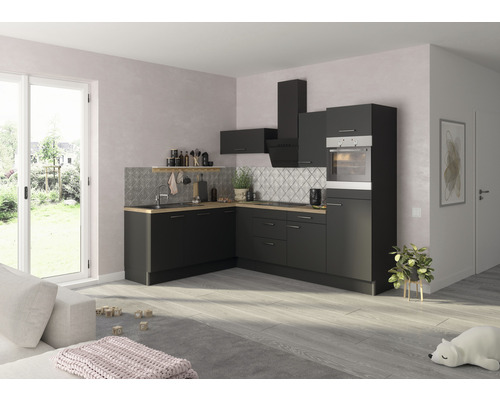 OPTIFIT Hoekkeuken met apparatuur Ingvar420 antraciet mat 270x200 cm Moderne keuken met zwarte kasten, houtlook werkblad en tegelachterwand