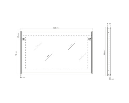 Technische tekening van een spiegel met afmetingen 130 x 78 cm