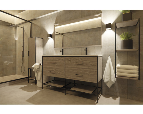 Lichte badkamer met douche, wastafelonderkast, spiegel en plank