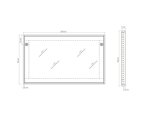 Technische tekening van een rechthoekige spiegel met afmetingen: 130 cm breed en 78 cm hoog