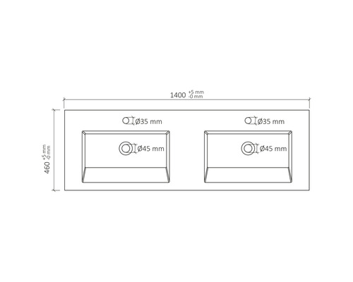 Tekening van een wastafelblad met twee waskommen, afmetingen: 1400 bij 460 millimeter