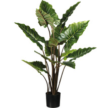 Kunstmatige kamerplant met grote, groene bladeren in een zwarte pot.
