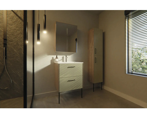 Moderne badkamer met wastafelonderkast, spiegelkast en hoge kast