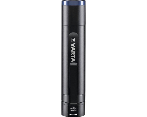 Varta logo op een oplaadbare staaflamp met USB-aansluiting