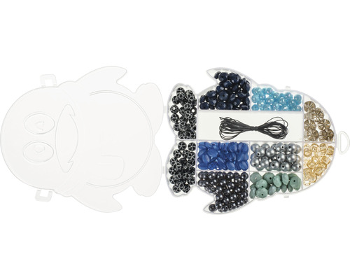 Kralenset in een visvormige opbergdoos met diverse kralen en koorden