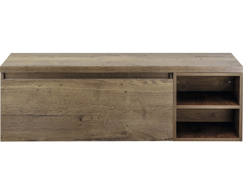 SANOX Badkamermeubelset Frozen 140 cm - wastafel 1 lade met softclose tabacco Houtkleurige tv-meubel met schuifdeur en schappen