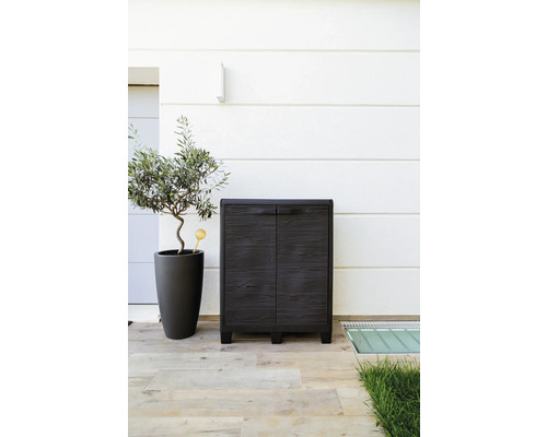 Tuinkast met twee deuren naast een olijfboom in een pot