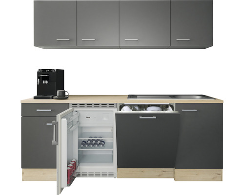 Moderne keuken met apparatuur en grijze kasten