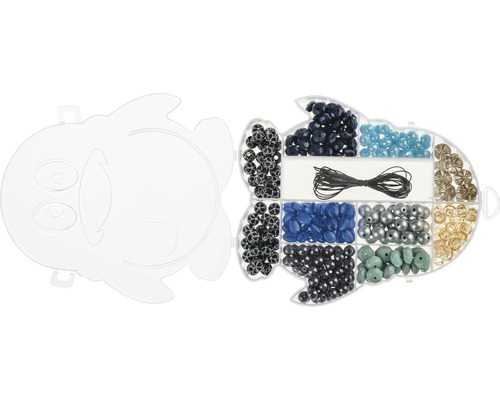 Kralenset in visvormige doos met diverse kralen en koorden
