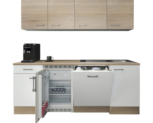 Keukenblok met hangkasten, koelkast en vaatwasser