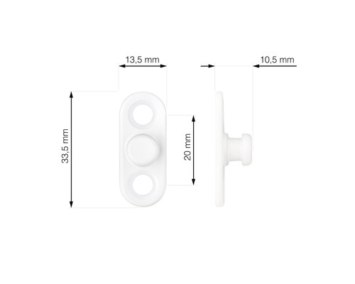Witte bevestiging met afmetingen van 33,5 mm lengte, 13,5 mm breedte, 20 mm middendeel en 10,5 mm diepte.