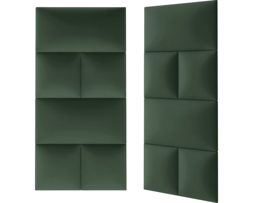 Twee groene akoestische panelen met rechthoekige en vierkante vormen.