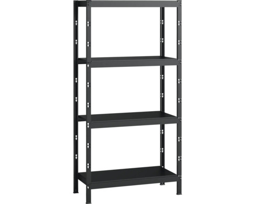 Zwart metalen rek met vier planken voor opslag en organisatie