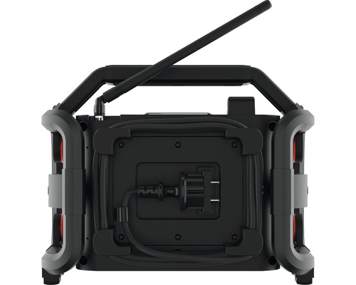 Achterkant van een draagbare bouwradio met antenne en opgerold snoer.