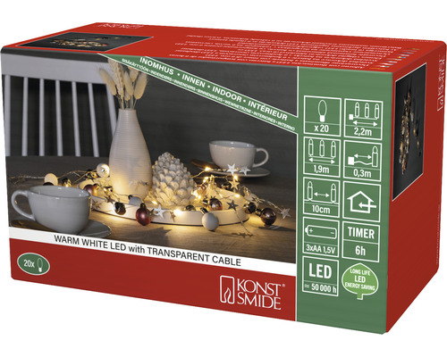 Verpakking van een lichtsnoer met warm witte LEDs en transparante kabel voor binnenshuis