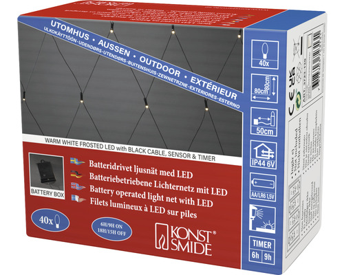 Konstsmide lichtsnoer met warm witte LEDs, zwarte kabel, sensor en timer voor buiten, verpakking
