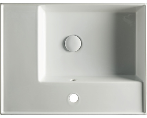 Bovenaanzicht van een rechthoekige keramische wastafel met overloop