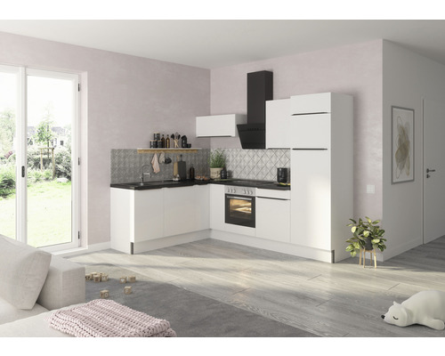 OPTIFIT Hoekkeuken met apparatuur Arvid986 wit mat 270x60 cm Lichte keuken met witte kasten, afzuigkap en gootsteen