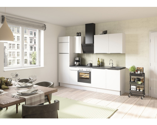 OPTIFIT Keukenblok met apparatuur Arvid986 wit mat 270x60 cm Lichte keuken met eettafel, stoelen en keukenrolwagen