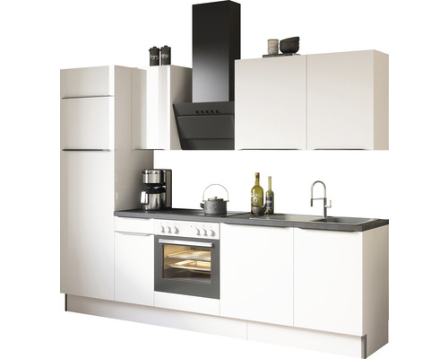 Keukenblok met bovenkasten, afzuigkap en elektrische apparaten.