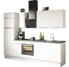 Keuken met kasten, fornuis, gootsteen en afzuigkap.