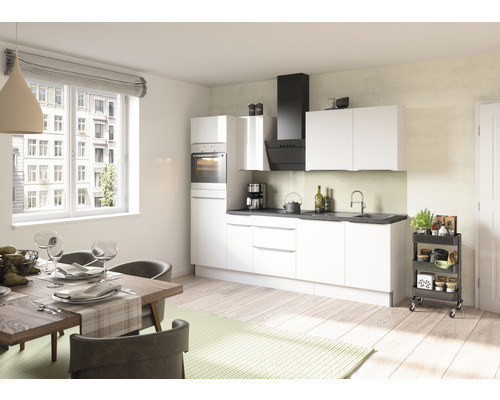 OPTIFIT Keukenblok met apparatuur Arvid986 wit mat 270x60 cm Lichte keuken met eettafel en keukenwagen