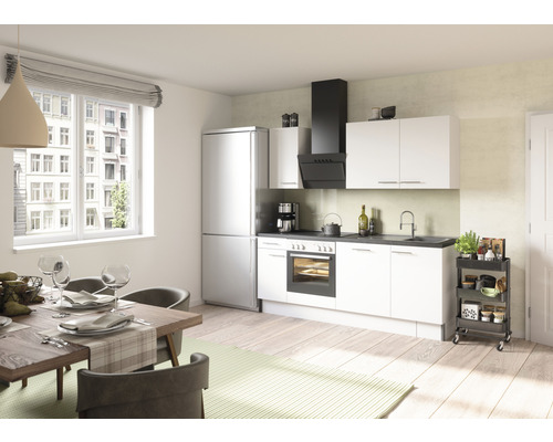 OPTIFIT Keukenblok met apparatuur Bengt932 wit mat 210x60 cm Lichte keuken met eettafel, stoelen, kitchenette, koelkast en afzuigkap.