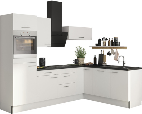 OPTIFIT Hoekkeuken met apparatuur Bengt932 wit mat 270x200 cm Moderne keuken met witte kasten, zwart werkblad en afzuigkap