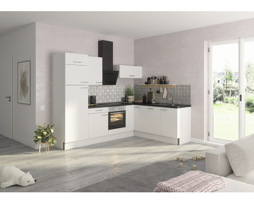OPTIFIT Hoekkeuken met apparatuur Bengt932 wit mat 270x60 cm Lichte keuken met witte kasten, zwart werkblad en afzuigkap.