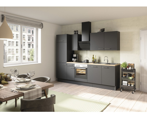 OPTIFIT Keukenblok met apparatuur Ingvar420 antraciet mat 270x60 cm Grijze keuken met eettafel in een lichte ruimte.