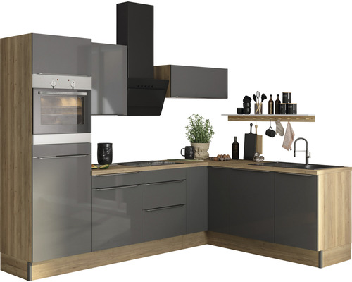 OPTIFIT Hoekkeuken met apparatuur Linus984 antraciet mat 270x60 cm Moderne keuken met grijze kasten, houten accenten en afzuigkap