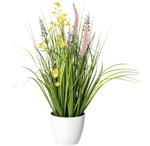 Kunstplant met gele en paarse bloemen in witte pot
