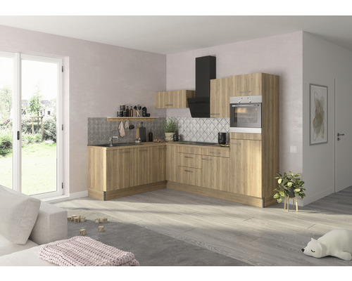 OPTIFIT Hoekkeuken met apparatuur Erik290 wild eiken mat 270x200 cm Lichte keuken met houtlook, afzuigkap en oven in een moderne woonkamer