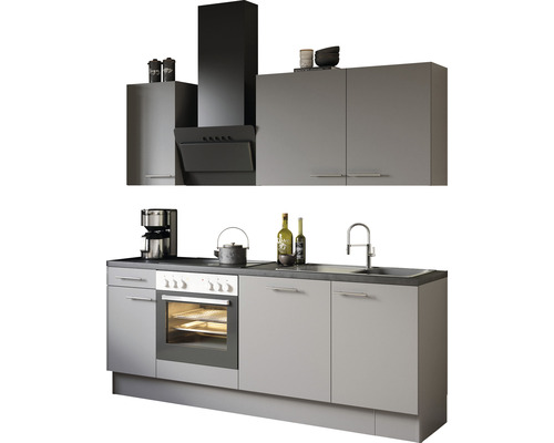 OPTIFIT Keukenblok met apparatuur Mats825 basaltgrijs mat 210x60 cm Keuken met gootsteen, fornuis, oven en afzuigkap