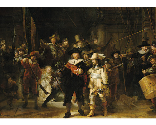 Het schilderij De Nachtwacht van Rembrandt toont een groep gewapende mannen.