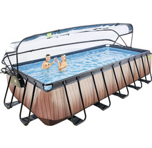 Rechthoekig zwembad met overkapping en houtlook voor de tuin