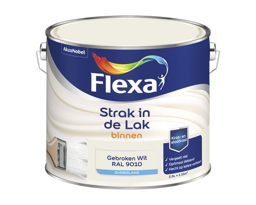 FLEXA Strak in de lak binnenlak zijdeglans RAL 9010 2,5 l Flexa lakverf voor binnen, gebroken wit, RAL 9010, zijdeglans, 2,5 liter