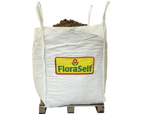 FLORASELF Bigbag franse boomschors klassiek 1 m3 Grote zak met houtsnippers op een pallet met FloraSelf logo